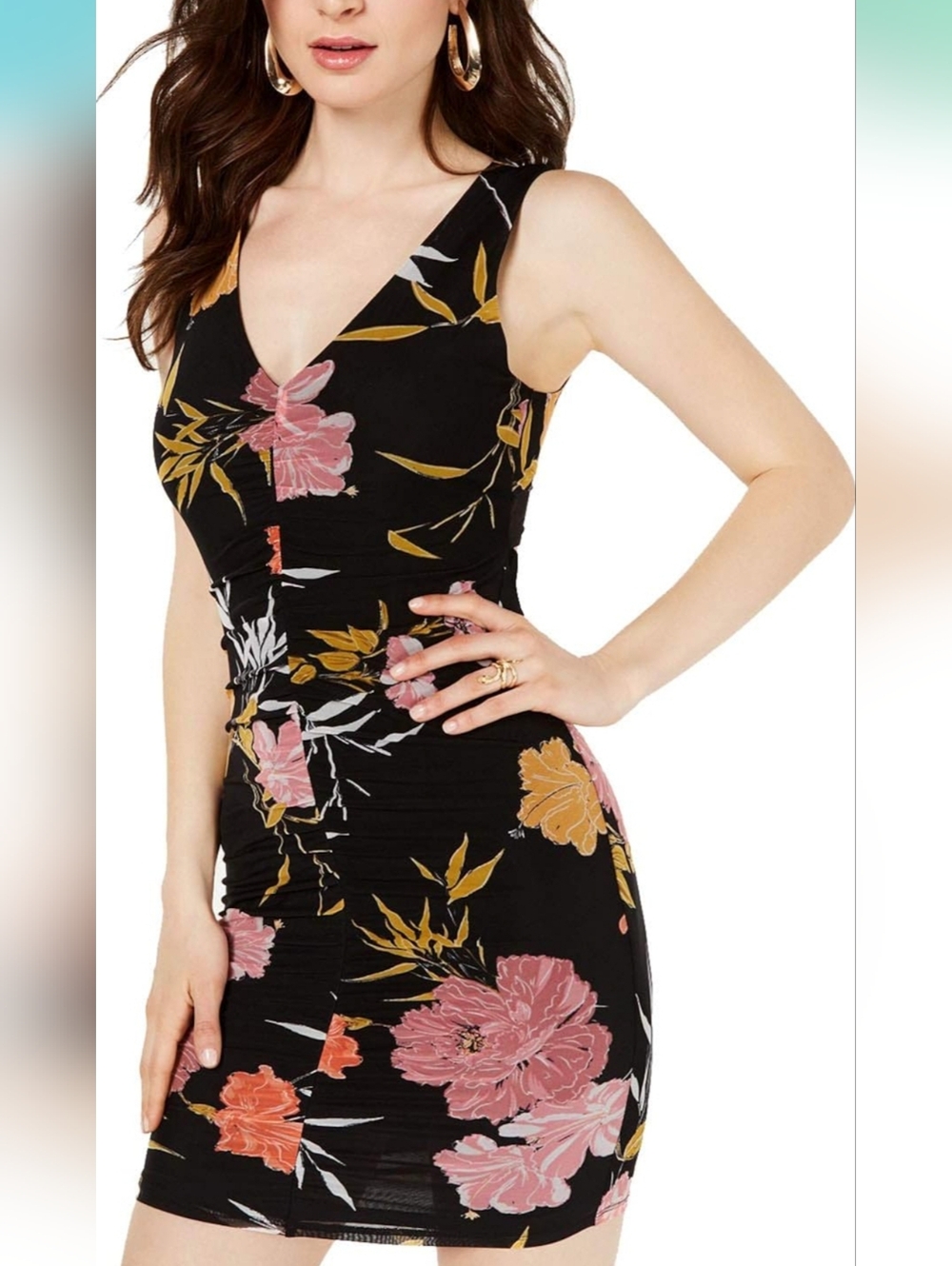 Guess Black Ruched Mesh Mini Dress w/ Pink & Mustard Floral Print Cut-out Back